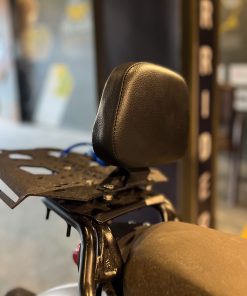 A black Hyperrider backrest designed for Royal Enfield Himalayan motorcycles.