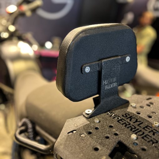 A black Hyperrider backrest designed for Royal Enfield Himalayan motorcycles.
