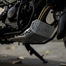 Durable silver aluminum bash plate for Hyperrider Himalayan 450, offering protection and style.